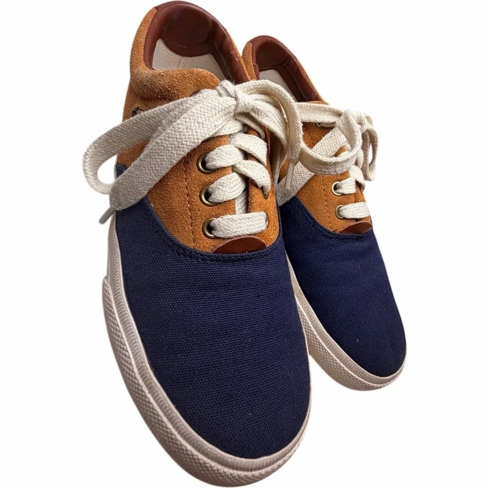 Polo Ralph Lauren Vaughn Saddle Sneakers Men’s 8D Navy Tan Canvas Suede - Picture 2 of 10